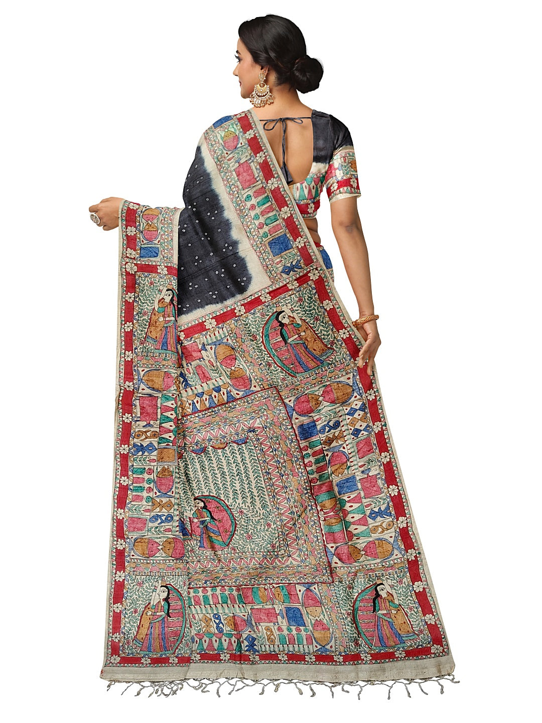 Handpainted Madhubani Saree on Tussar Munga Silk – Godhna Style with Bandhani Fusion
